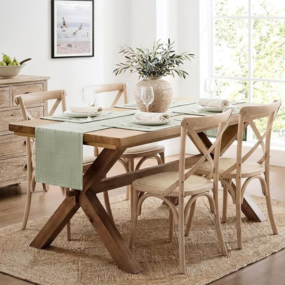 Linen Checked Farmhouse Table Runner, 13x60 Inches Seeding Green | Raised Grid - Image 3
