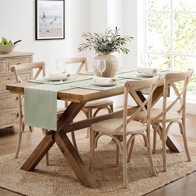 Linen Checked Farmhouse Table Runner, 13x36 Inches Seeding Green | Raised Grid - Image 3