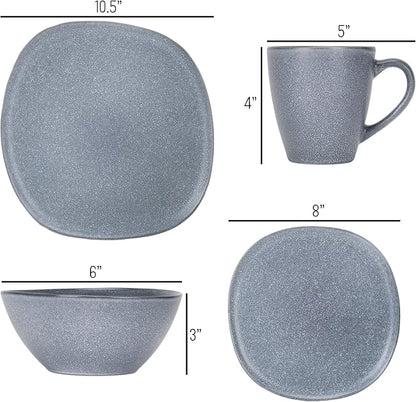 Elanze Designs 16-Piece Modern Luxury Chic Smooth Vintage Handmade Shape Matte Finish Ceramic Stoneware Square Plate Mug & Bowl Kitchen Dinnerware 16 Piece Set - Service for 4, Dove Grey