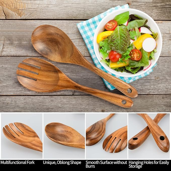 10.2in Wood Salad Servers, Long Handle Salad Server Set | - Image 2
