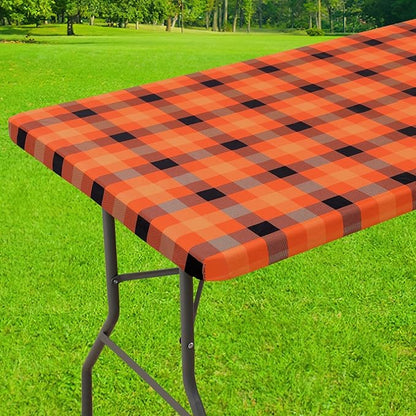 Smiry Rectangle Picnic Table Cloth, Elastic Waterproof Fitted Vinyl Tablecloths, Flannel Backed Buffalo Plaid Table Covers for Dining, Camping, Outdoor (Orange and Yellow, 30" x 72")