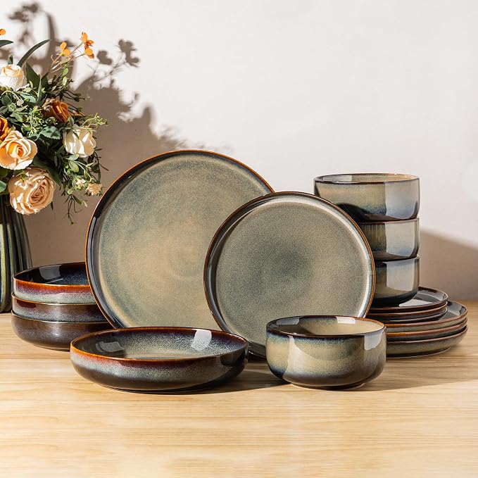 Ceramic Dinnerware Set for 4, 16-Piece Plates and Bowls Set | Handmade Reactive by TheTerra