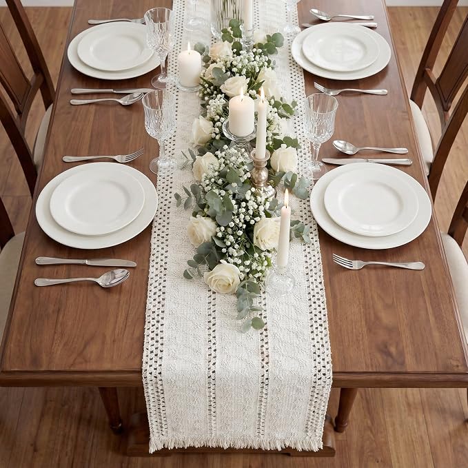 Boho Macrame Table Runner with Tassels 90in White Farmhouse Runner | Macrame - Image 7