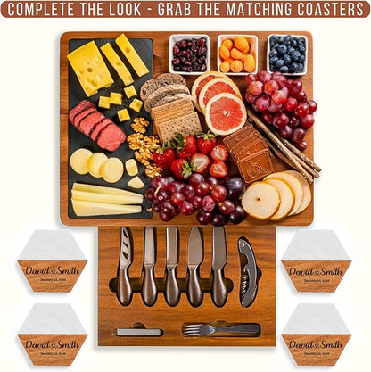 Personalized Acacia Wood Charcuterie Board Set with Stainless Steel Knives – Custom Cheese Board for Wedding, Valentines Day Gifts for Her, Housewarming, Bridal Shower, Anniversary, Women and Couples