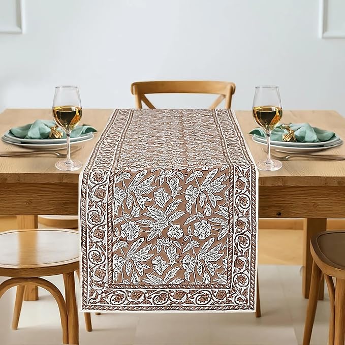 Oak Brown Hand Block Print 100% Cotton Reusable Table Runner 16" X 106" Inches by Ridhi