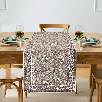 Oak Brown Hand Block Print 100% Cotton Reusable Table Runner 16" X 90" Inches by Ridhi