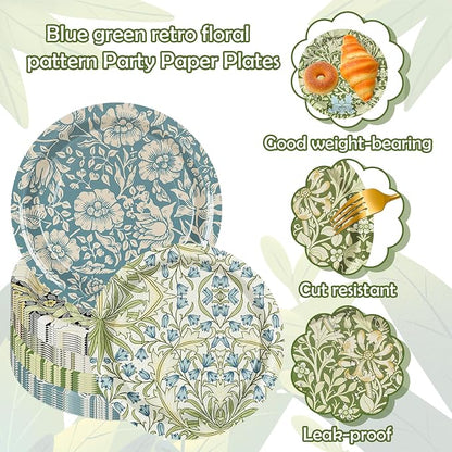 60 Pcs Vintage Wildflower Paper Plates Disposable Plates 9 Inch Green Blue - Image 3