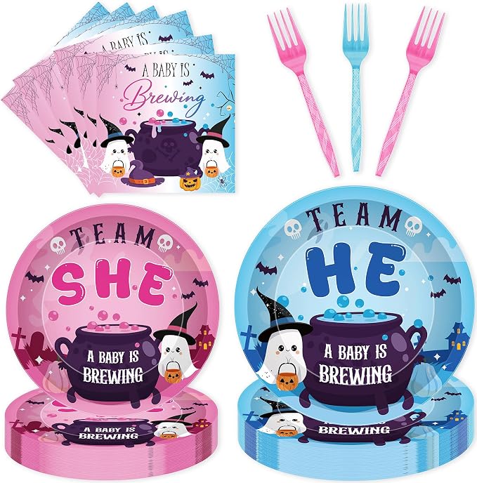 96 Pcs Halloween Gender Reveal Decorations, Baby Is Brewing Tableware Set | by EoBeCy