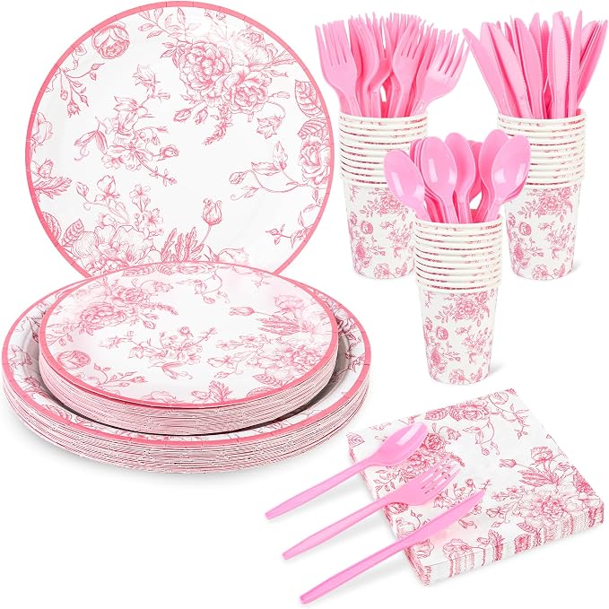 175Pcs Pink Floral Paper Plates and Napkins 25 Guests Pink White Toile - Image 8