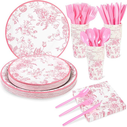 175Pcs Pink Floral Paper Plates and Napkins 25 Guests Pink White Toile - Image 8