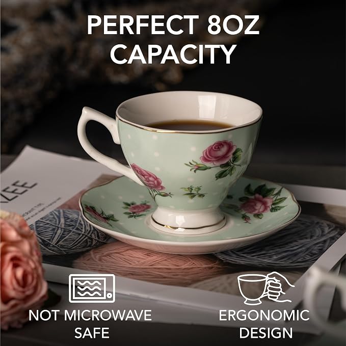 BTaT- Floral Tea Cups and Saucers, 8 oz, Fine Porcelain Teacup Set - Image 3