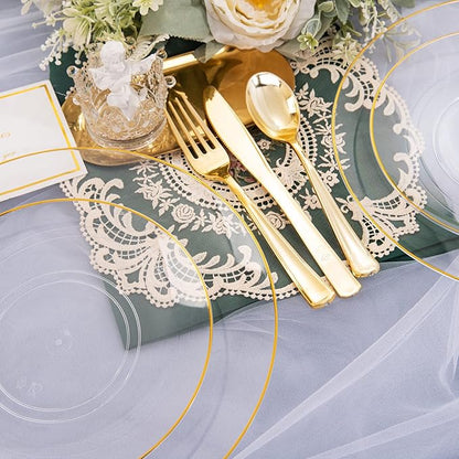 Nervure 100 Pieces Clear and Gold Plastic Plates - 10.25inch Gold Dinner Plate - Heavyweight Clear Disposable Plates Ideal for Party & Wedding