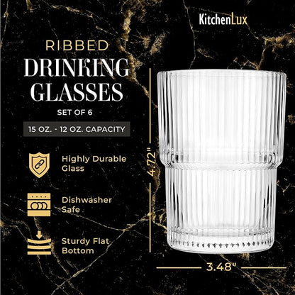 Kitchen Lux Ribbed Glass Cups 15oz Lowball Short Rocks Glass | Stackable Ribbed - Image 2