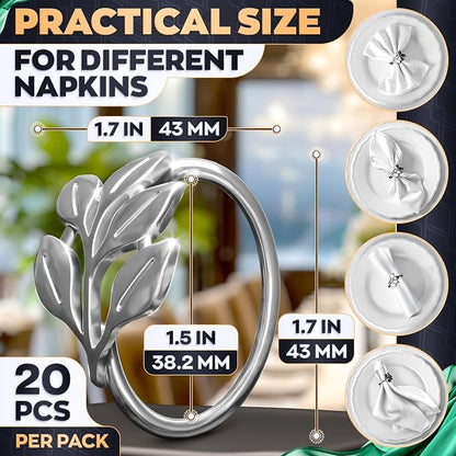 Silver Napkin Rings Set of 20, Decorative Leaf Design Metal Holders | Elegant - Image 2