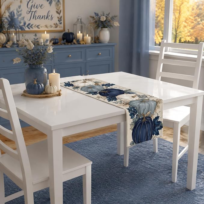 Fall Decor - Blue and White Pumpkin Table Runner | Thanksgiving Decorations | - Image 7