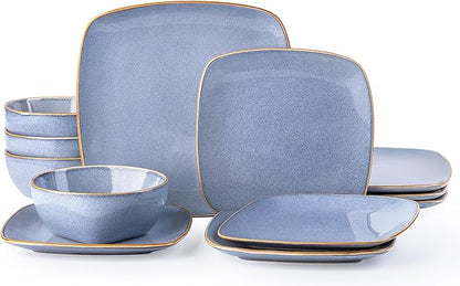 AmorArc Ceramic Dinnerware Sets for 4, 12 Pieces Square Handpainted Plates and Bowls Set, Chip and Scratch Resistant Stoneware Dishes Set, Dishwasher & Microwave Safe, Reactive Blue