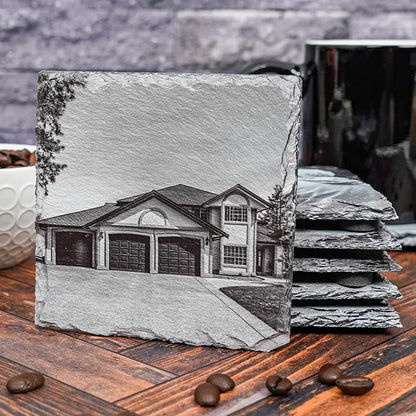 Blue Ridge Mountain Gifts - Custom Coasters Printed with Your Home, Closing Gift for Clients, Custom Gift from Realtor, New Home Gift, First House, Personalized Slate Square Coasters