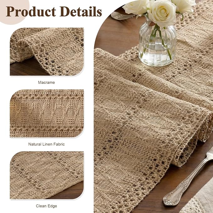 Burlap Boho Table Runner Macrame Brown 60in Farmhouse Woven Runner | Burlap - Image 2