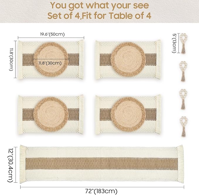 Placemats Set of 4 w/Charger Plates Table Mats Table Runner & Napkin Rings | - Image 4