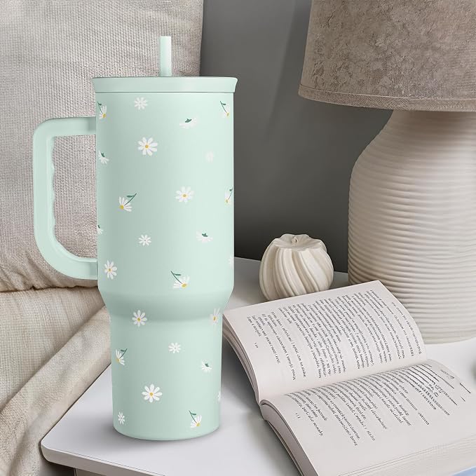 Daisy 40oz Tumbler with Handle and Straw – Flower Insulated Stainless Steel - Image 7