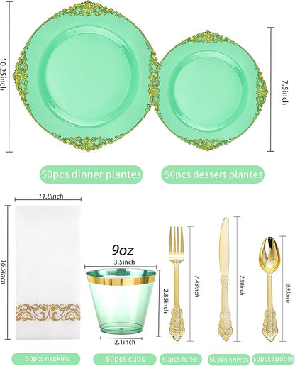 Hioasis 350pcs Green and Gold Plastic Plates - Green Party Plates for 50 Guest, Include 100 Heavy-duty Plates(20% Thicker Than Standard), 150 Cutlery Set, 50 Napkin, 50 Cups for St. Patrick's Day