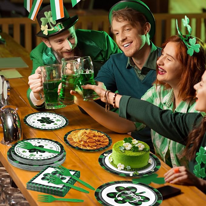 96 Pieces St. Patrick’s Day Tableware Set – Green and Black Plaid Shamrock - Image 6