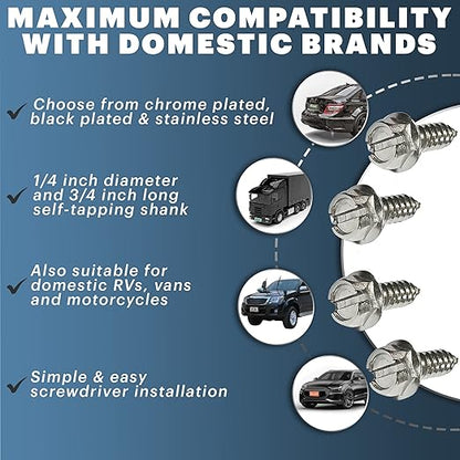 License Plate Screw Kit - Set of 8 Stainless Steel Screws for Front and Back License Plates, Frames and Covers on Domestic Cars, Trucks, SUVs - Rustproof, Self Tapping Mounting Bolts (Stainless Steel)