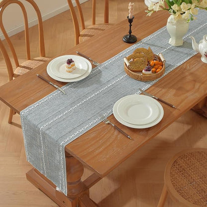 Boho Cotton Linen Blue Table Runner, Farmhouse Woven Table Runners Spring - Image 5