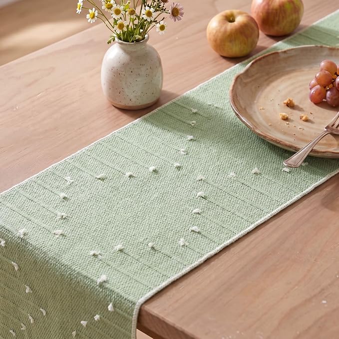 Artoid Mode Sage Green Farmhouse Rustic Cotton Woven Table Runner, Seasonal - Image 5