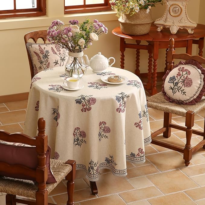ISAENNE Designer Linen Light Beige Round Tablecloth,French Colorful Floral Table Cloth,Fall Stain Resistant Decor Tablecloths for Dining Thanksgiving Christmas Kitchen,Diameter 67"-Helena E