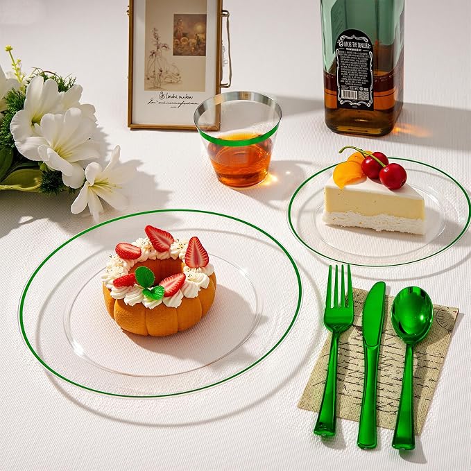 SUT 175 Pcs Green and Clear Plastic Dinnerware Set - Image 2