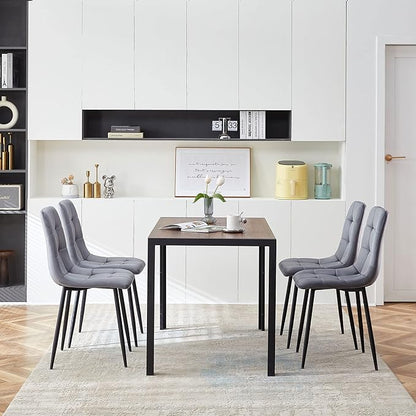 5 PCS Dining Table Set for 4, Modern Engineered Wood Table Walnut Wipe Clean with 4 Upholstered Velvet Home Chair Soft No Arms Accent Chairs with Back for Small Spaces