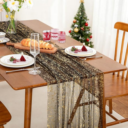 SiinvdaBZX 4 Pcs Black Gold Sheer Tulle Table Runner 120 Inch/10 Ft Long | - Image 2