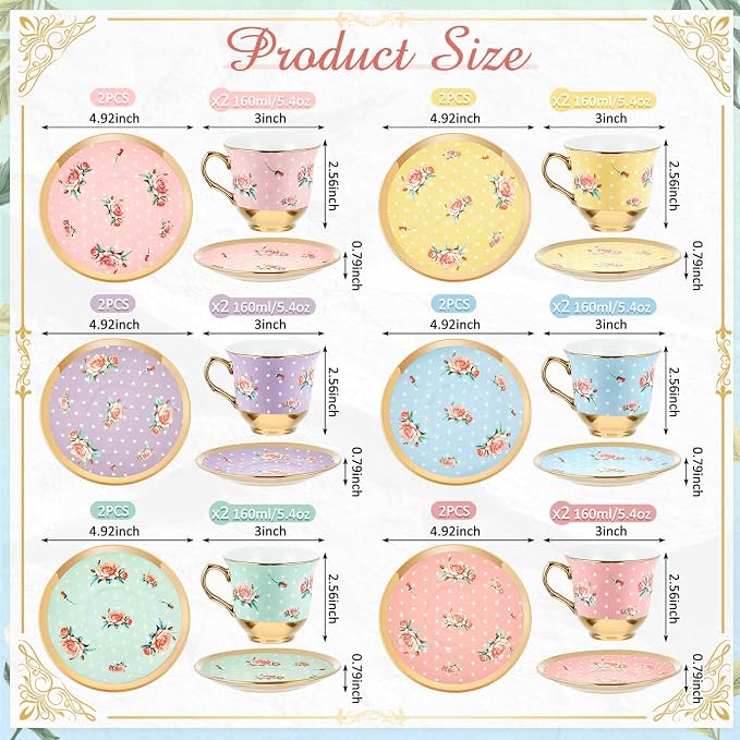 Teenyyou Set of 12 Tea Cups and Saucers Tea Party Decorations Floral Porcelain - Image 2
