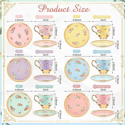 Teenyyou Set of 12 Tea Cups and Saucers Tea Party Decorations Floral Porcelain - Image 2