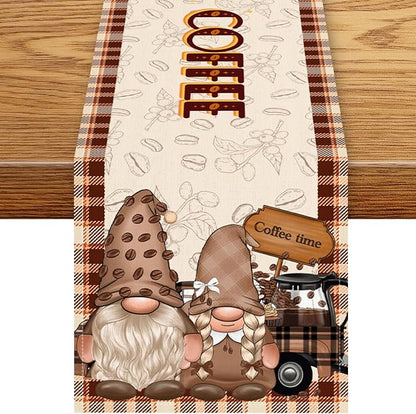 Coffee Theme Table Runner, Rustic Brown Buffalo Gnomes Cafe Cup Car Biscuit by Unknown