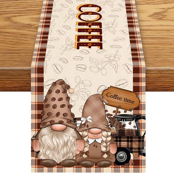 Coffee Theme Table Runner, Rustic Brown Buffalo Gnomes Cafe Cup Car Biscuit by Unknown