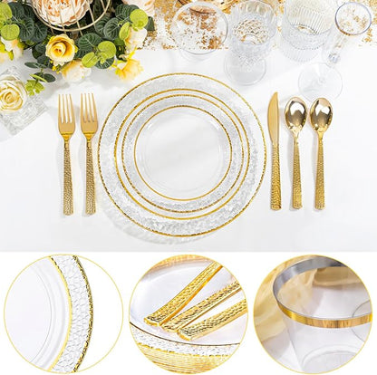 Ciaell 350PCS Clear Plastic Plates with Gold Trim for 50 Guests,Includes 100 Plastic Plates, 50 Pre Rolled Napkins with Gold Silverware, 50 Cups, Disposable Dinnerware Set for Wedding & Party