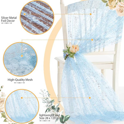SiinvdaBZX 4 Pcs Light Blue Sheer Tulle Table Runner 120 Inch/10 Ft Long | - Image 4