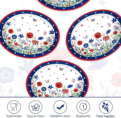 Grencian 50 Pcs 4th of July Flower Oval Paper Plates 10" × 12" Heavy Duty American Flag Plates Disposable Patriotic Platters for Independence Day Memorial Day Veterans Day Party Supplies Decor