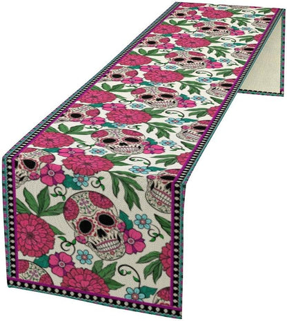 YCness Dia De Los Muertos Table Runner Red Floral Cinco De Mayo Rustic Linen - Image 2