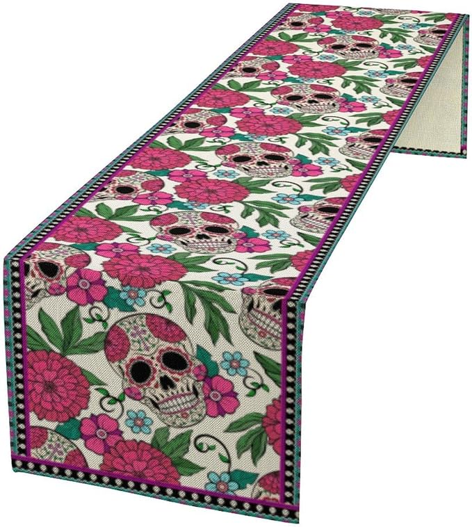 Dia De Los Muertos Table Runner Red Floral Cinco De Mayo Rustic Linen Mexican - Image 2