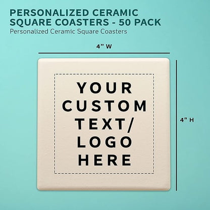50 4" Square Ceramic Coasters Set - Customizable Text, Logo - Cork Bottom, Serve Ware - Natural