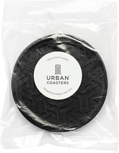 Drink Coasters for Tabletop Protection - Set of 4 No-Slip Silicone Rubber Coasters for Coffee Table, Desk & More - USA-Made Coasters for Drinks w/Liquid-Catching Grooves (Classic Black)