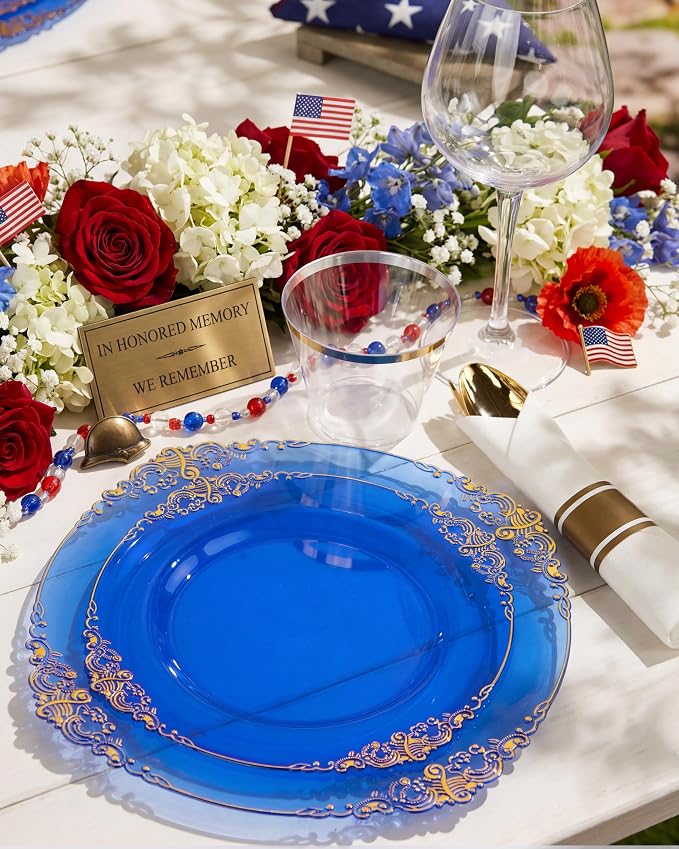 Nervure 350Pcs Blue Plastic Plates, Plastic Dinnerware Set - Image 2