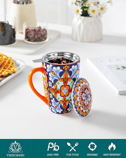 vancasso Ceramic Tea Mug with Infuser and Lid, 18 Ounce Bohemian Loose Leaf Cup, Microwave & Dishwasher Safe, Perfect for Tea, Coffee, Navy-Burnt Baroque