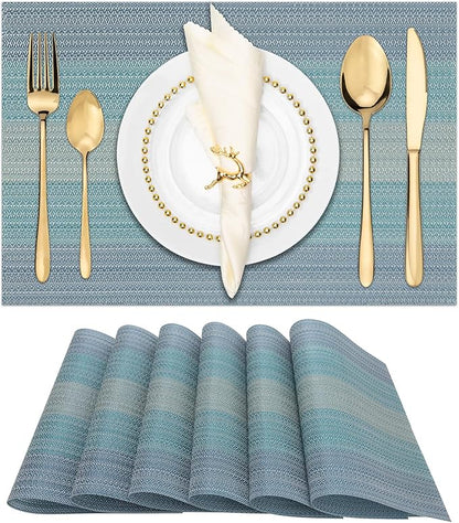 Winknowl Placemats Set of 6, Washable Vinyl Woven Placemats, Heat Resistant & Wipeable Table Mats for Kitchen Dining Table (Blue)