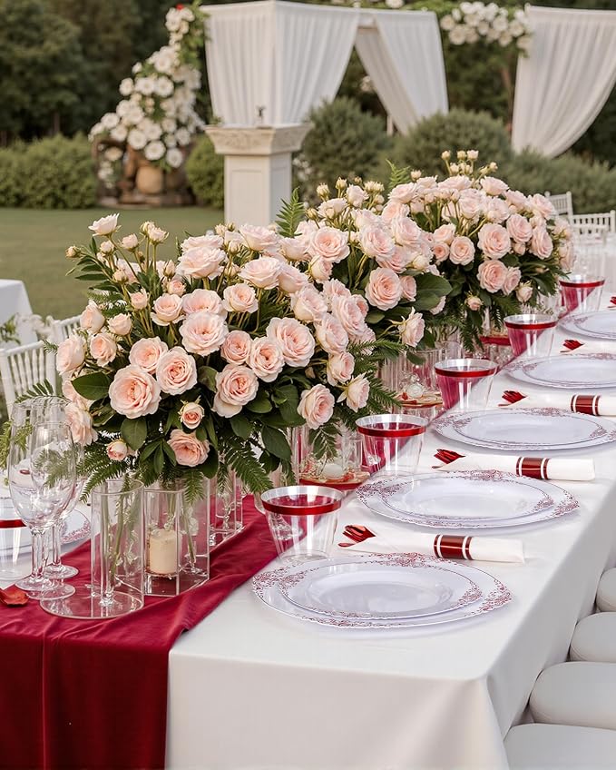 Nervure 100Pcs White Red Plastic Plates, Party Plates Set - Image 5