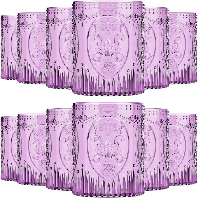 Qinyoung 12 Plastic Vintage Drinking Glasses 8.5oz Stemless Retro Embossed Wine by Qinyoung