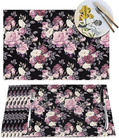 Vintage Floral Placemats Set of 4 Pink Rose Peony Flower Blossom Black Wipeable Table Mats Reusable Washable PVC Rectangle Place Mats for Kitchen Dining Home Decor 12x18 Inches